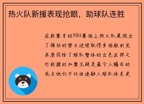 热火队新援表现抢眼，助球队连胜