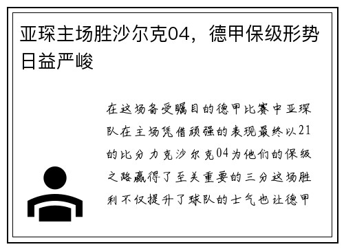 亚琛主场胜沙尔克04，德甲保级形势日益严峻